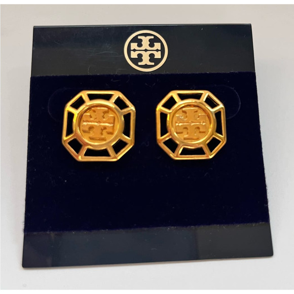 Tory Burch Signature Audrina Post Earrings Gold Tone Logo NWT - Picture 1 of 7